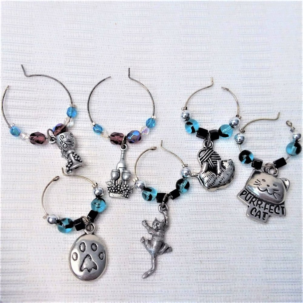 Glass Charms Drink Markers 6pc Wine Kitty Cat Beaded Handmade Bar Party Fun